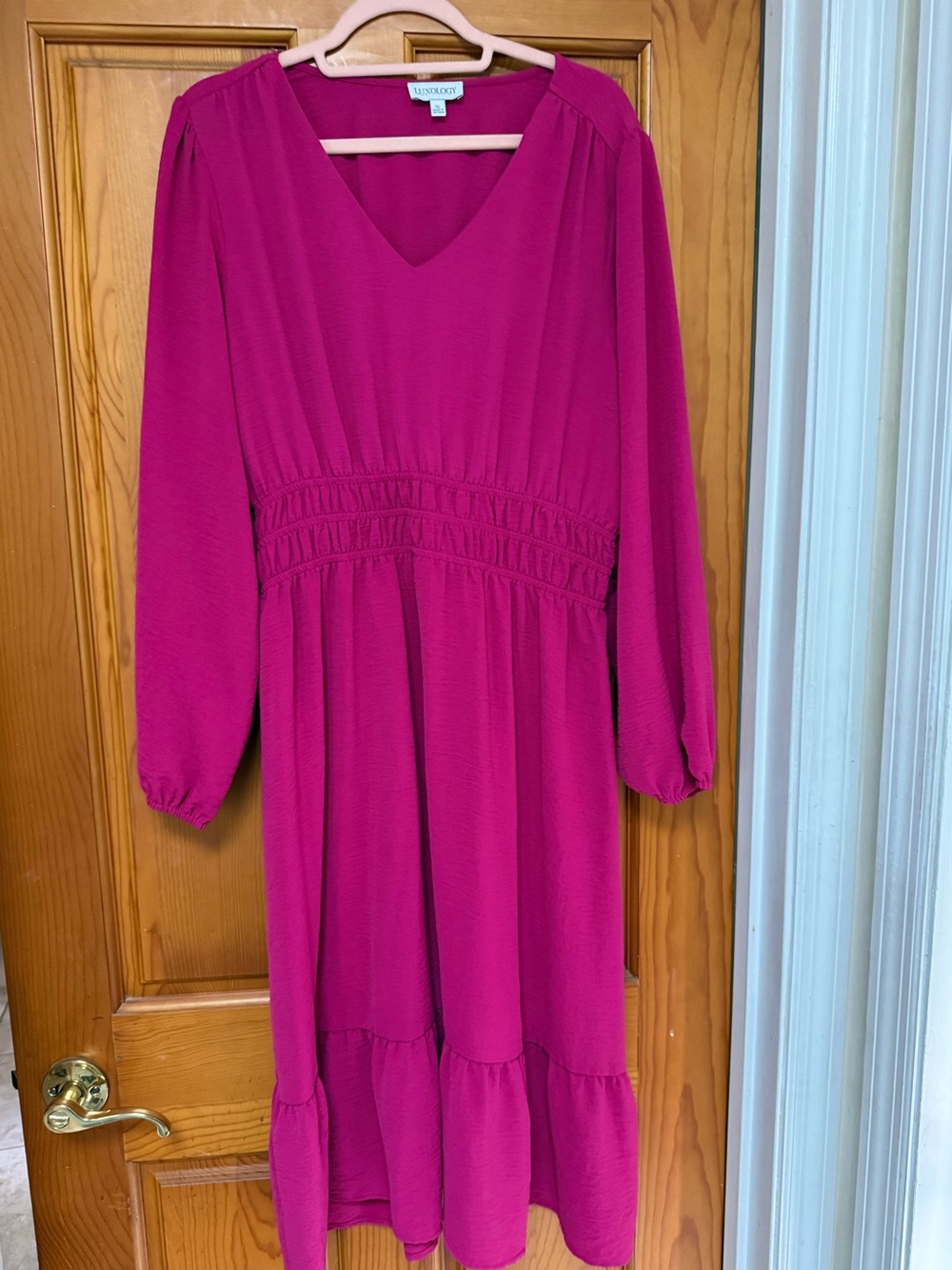 Fuchsia Long-Sleeve V-Neck Dress